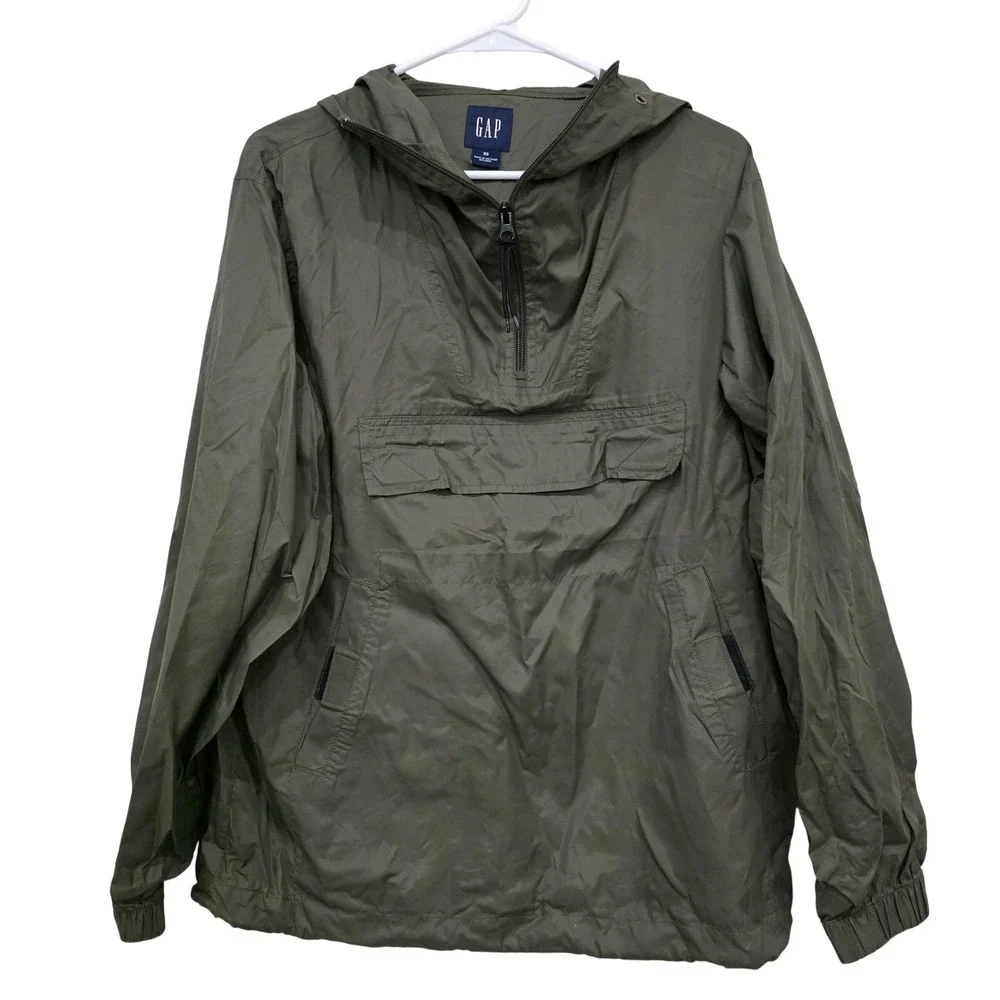 GAP Mens XS Anorak Jacket Olive Green Half Zip Hooded Windbreaker‎ Pullover